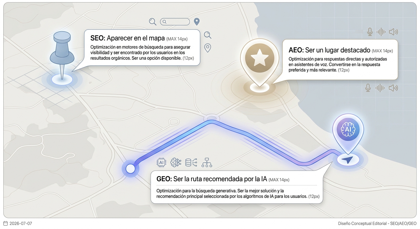 Diagrama que ilustra la diferencia entre SEO, AEO y GEO usando una analogía de mapa digital.