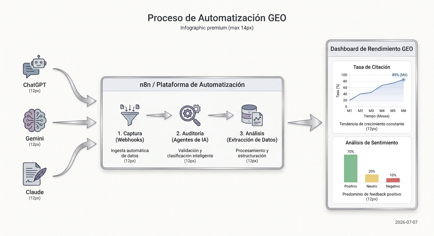 Diagrama del flujo de automatización GEO para capturar, auditar y analizar menciones de marca en modelos de IA.