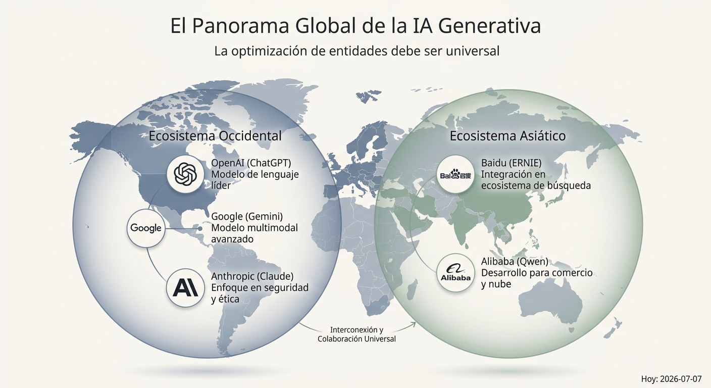 Mapa mundial mostrando los diferentes ecosistemas de IA en Occidente y Asia, destacando la necesidad de una estrategia GEO global.