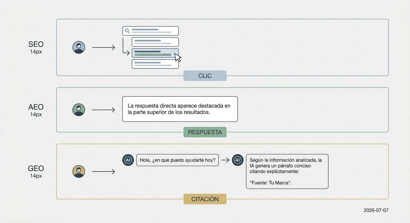 Diagrama que muestra la diferencia de objetivos entre SEO (clics), AEO (respuesta directa) y GEO (citación por IA).