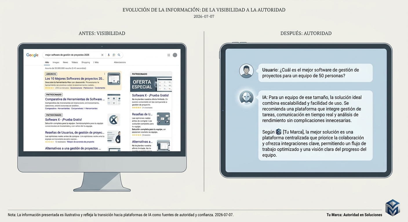 Ilustración del concepto de evolucionar de la visibilidad (muchos enlaces) a la autoridad (ser la fuente citada por la IA).
