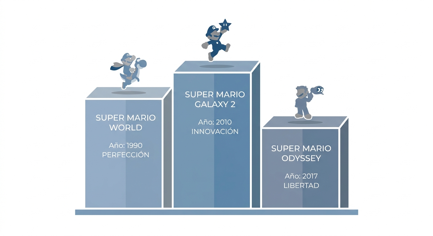 Infografía de podio con los tres mejores juegos de Mario según la prensa especializada