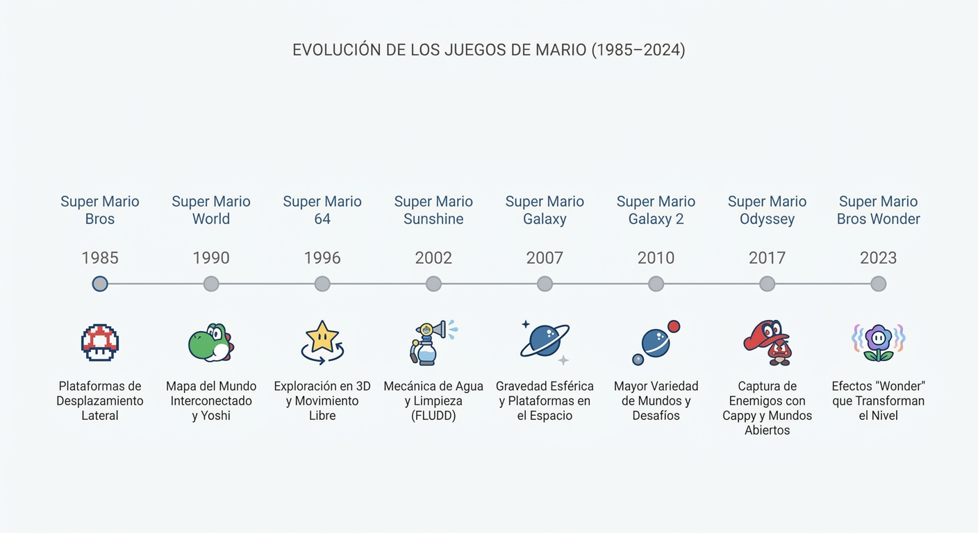 Línea de tiempo evolutiva de los principales juegos de Mario desde 1985 hasta 2024