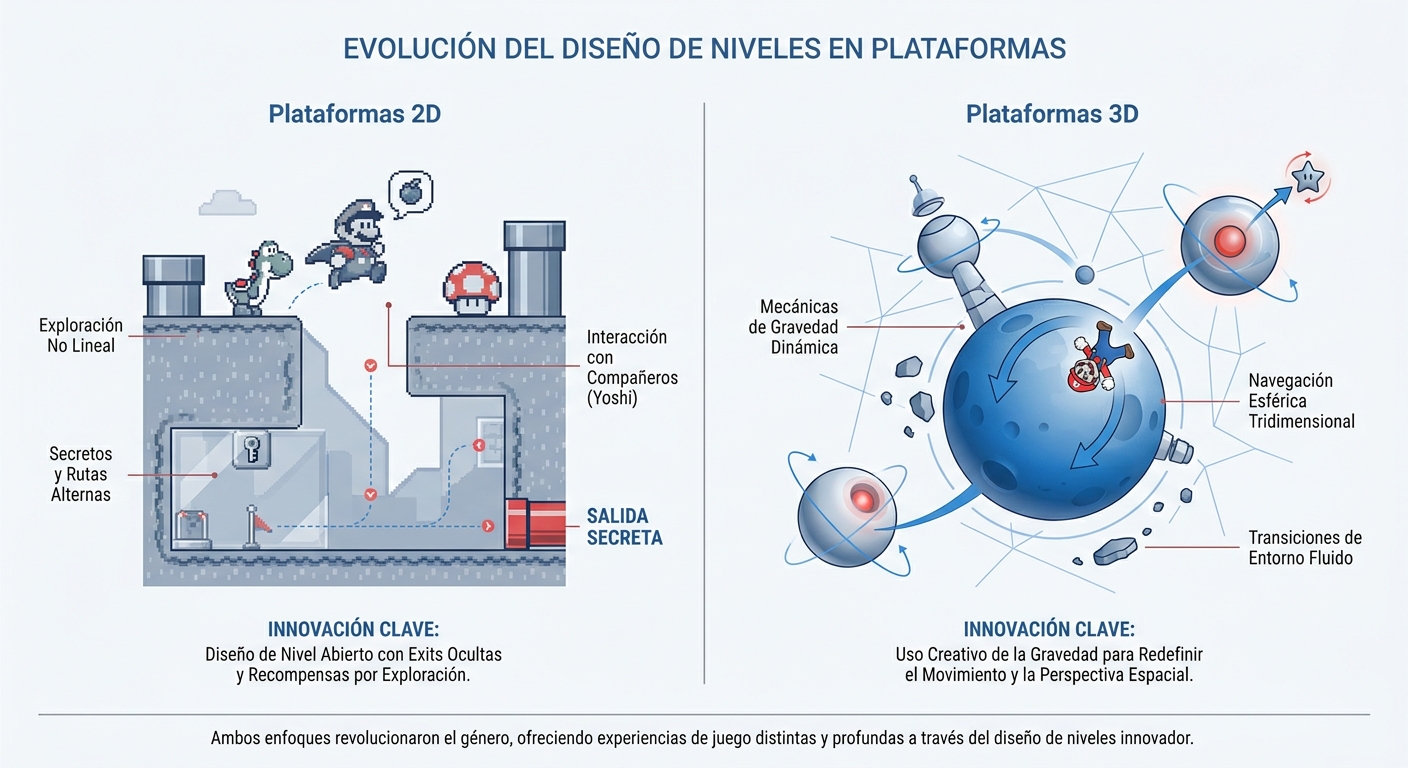 Comparativa visual entre el diseño 2D de Super Mario World y el 3D de Super Mario Galaxy 2