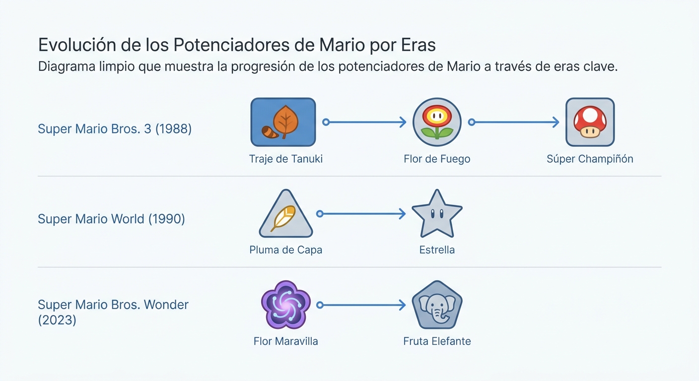 Diagrama de evolución de power-ups a través de las eras de Mario