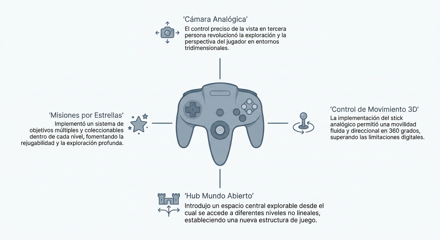 Infografía sobre el impacto de Super Mario 64 en el diseño de juegos 3D