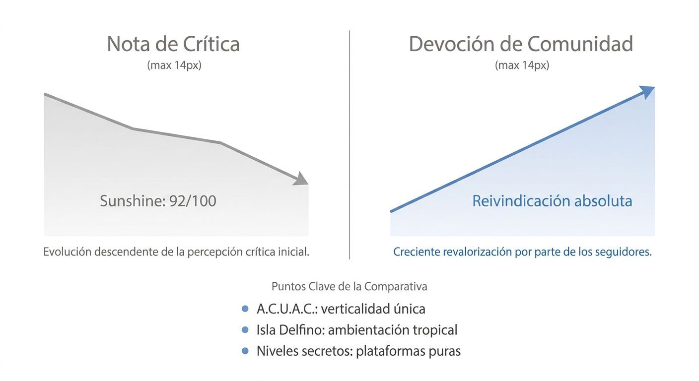 Comparativa entre la nota de crítica y la devoción comunitaria por Super Mario Sunshine