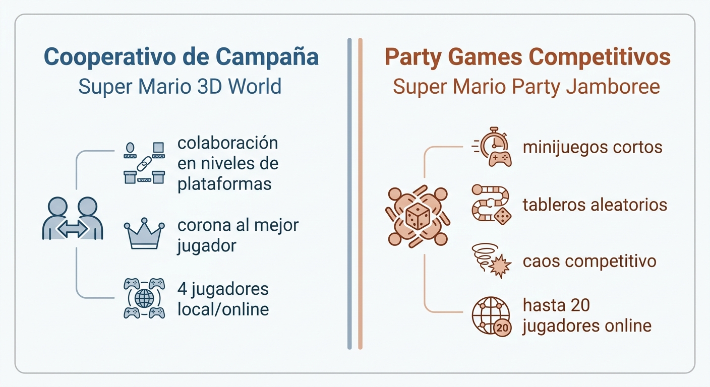 Comparativa entre cooperativo de campaña y party games competitivos en juegos de Mario