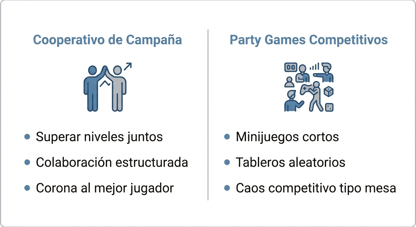 Diagrama comparativo entre cooperativo de campaña y party games competitivos