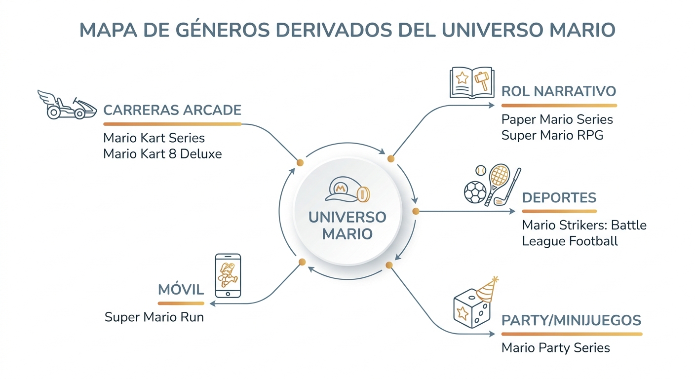 Mapa de subgéneros y spin-offs del universo Mario