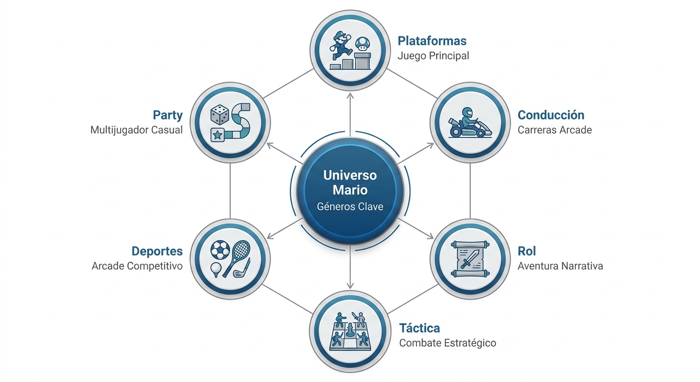 Diagrama radial de los géneros del universo Mario y sus spin-offs
