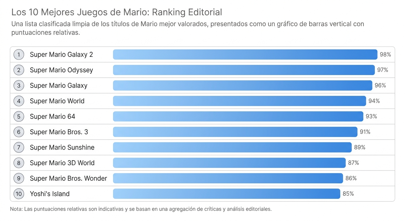 Ranking visual de los 10 mejores juegos de Mario según crítica y comunidad
