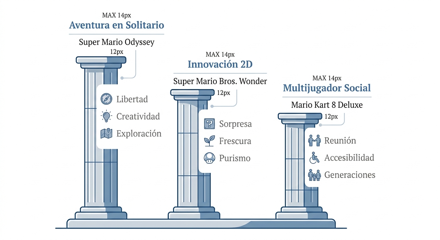 Diagrama de tres pilares representando las experiencias ideales de Mario