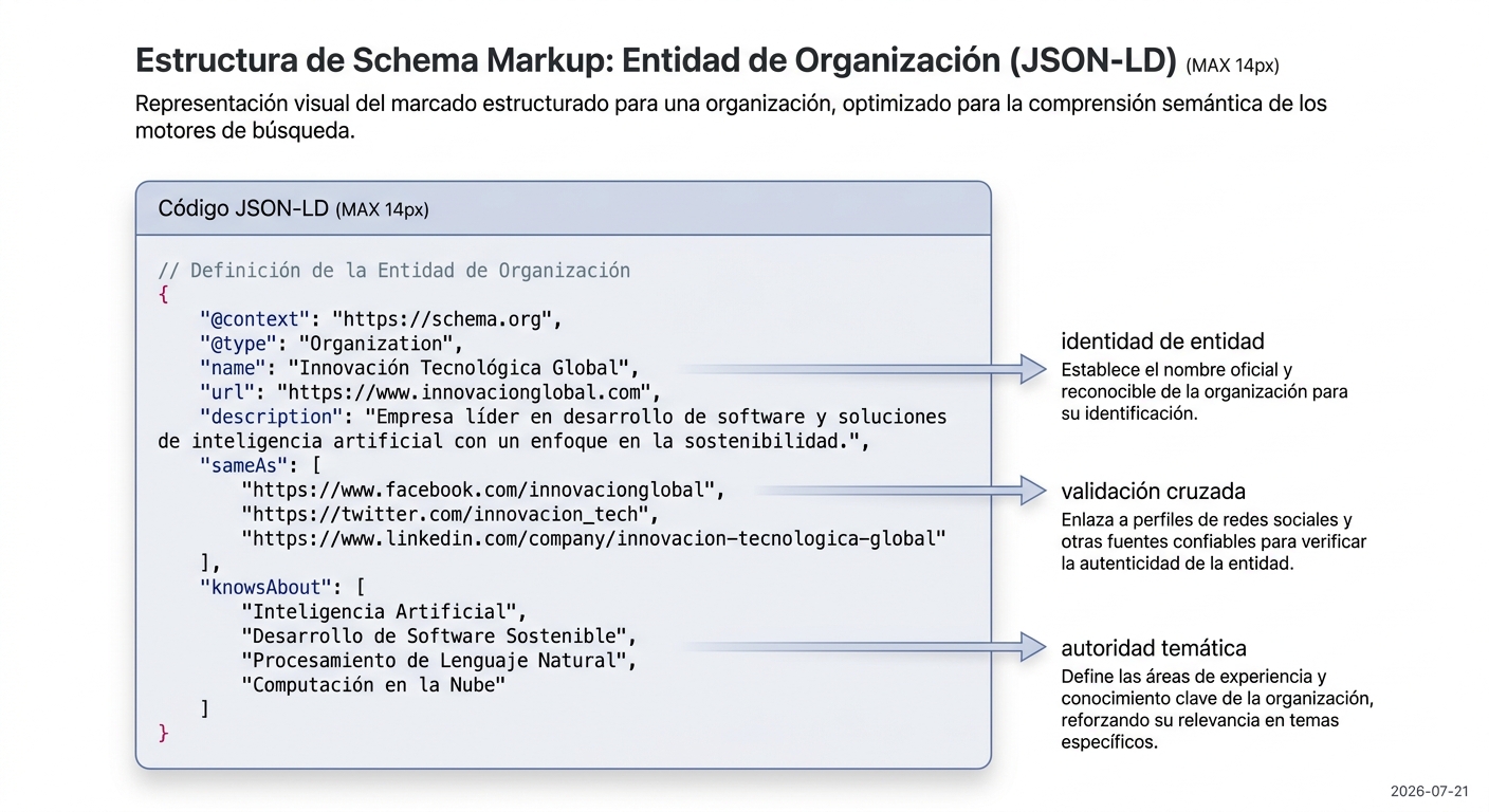 Infografía de Schema Markup para entidad corporativa con anotaciones explicativas