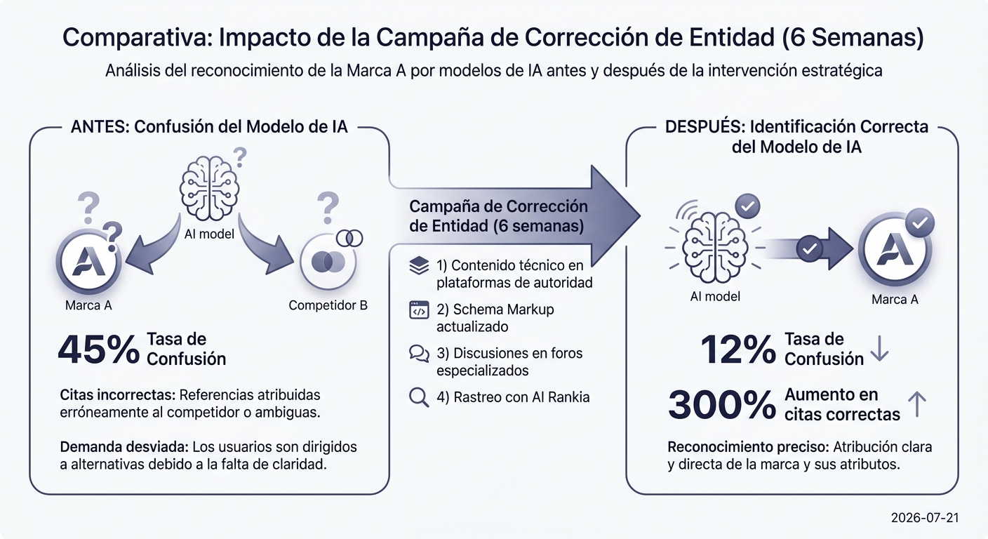 Infografía antes/después: corrección de confusión de entidad en modelos de IA