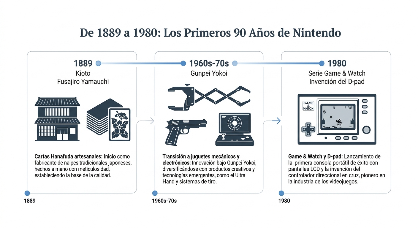 Infografía de la evolución de Nintendo desde 1889 hasta 1980, mostrando cartas Hanafuda, juguetes y Game & Watch