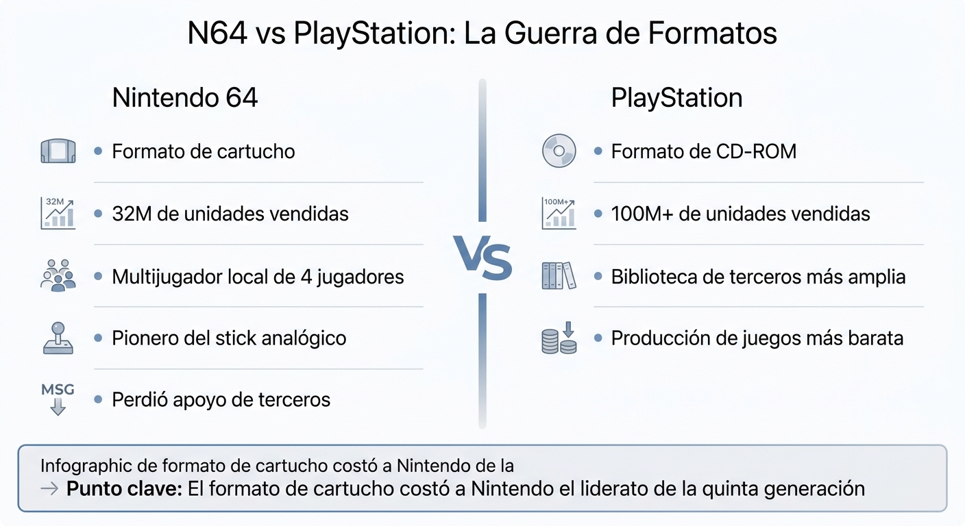 Infografía comparativa entre Nintendo 64 y PlayStation, destacando el impacto del formato cartucho vs CD-ROM