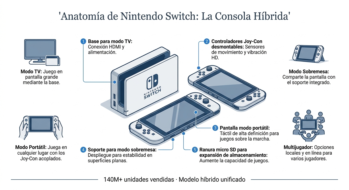 Infografía de la anatomía de Nintendo Switch mostrando sus modos de uso y componentes clave
