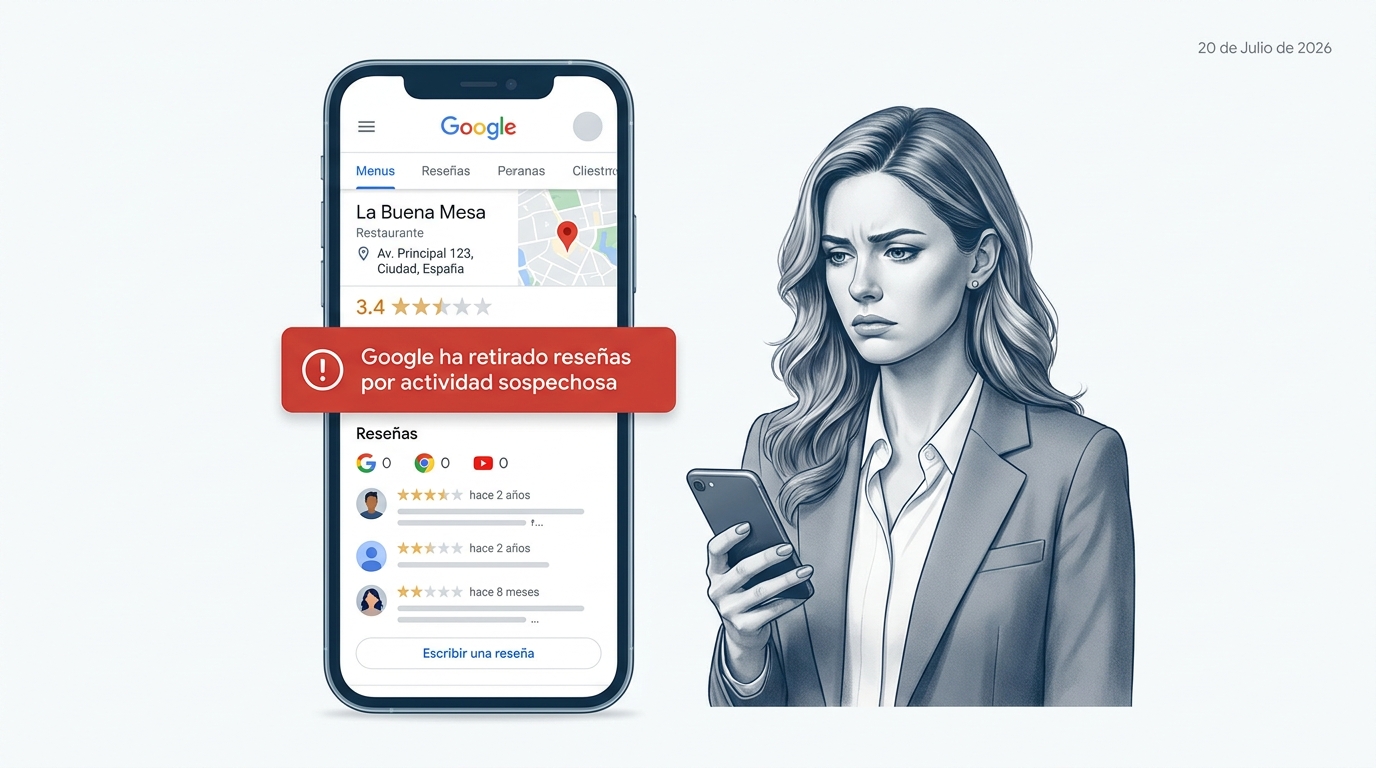 El 'Warning Banner' de Google en un perfil de empresa, indicando actividad fraudulenta en las reseñas.