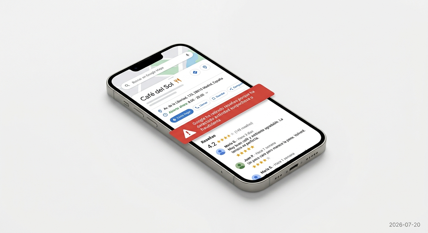 Ejemplo del 'Warning Banner' de Google en un perfil de empresa, indicando actividad fraudulenta en las reseñas.