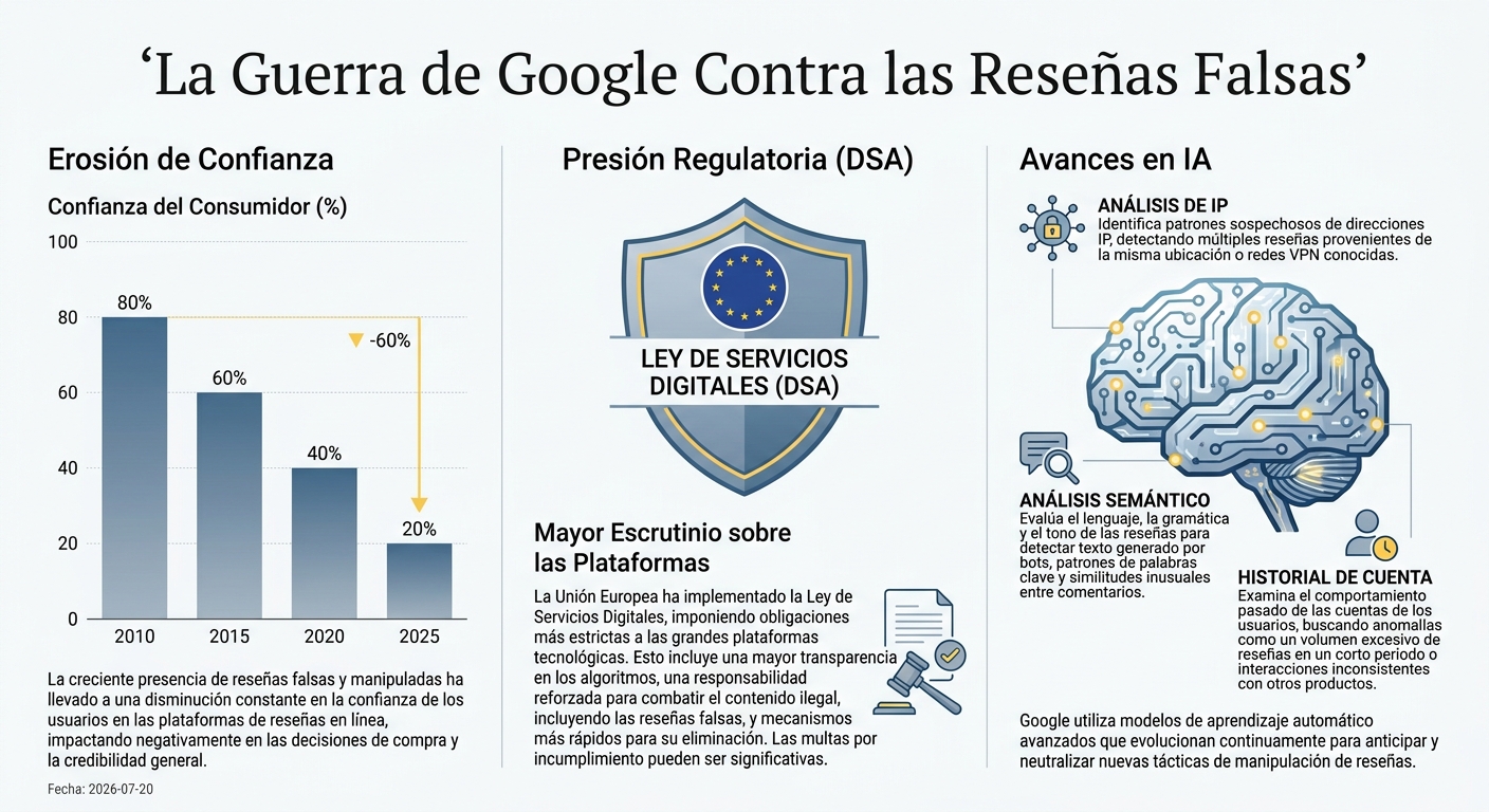 Razones de la intensificación de Google contra las reseñas falsas: confianza, regulación y tecnología IA.