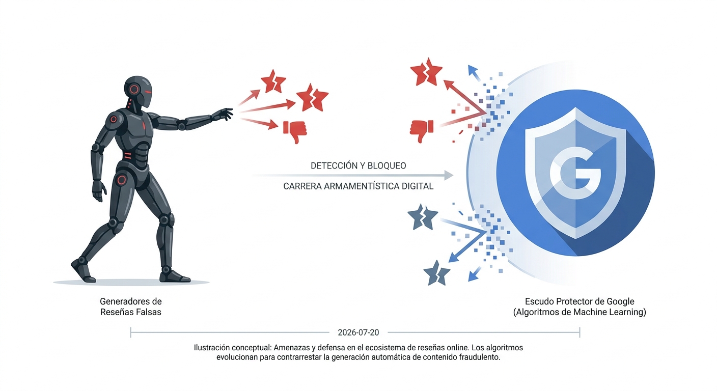 Ilustración de la carrera tecnológica entre generadores de reseñas falsas y los algoritmos de detección de Google.