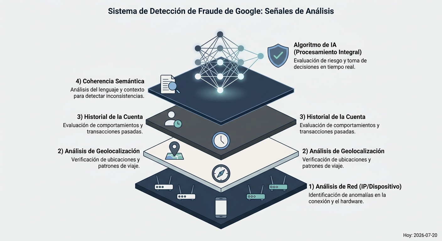 Diagrama de las capas de detección de fraude por IA de Google.