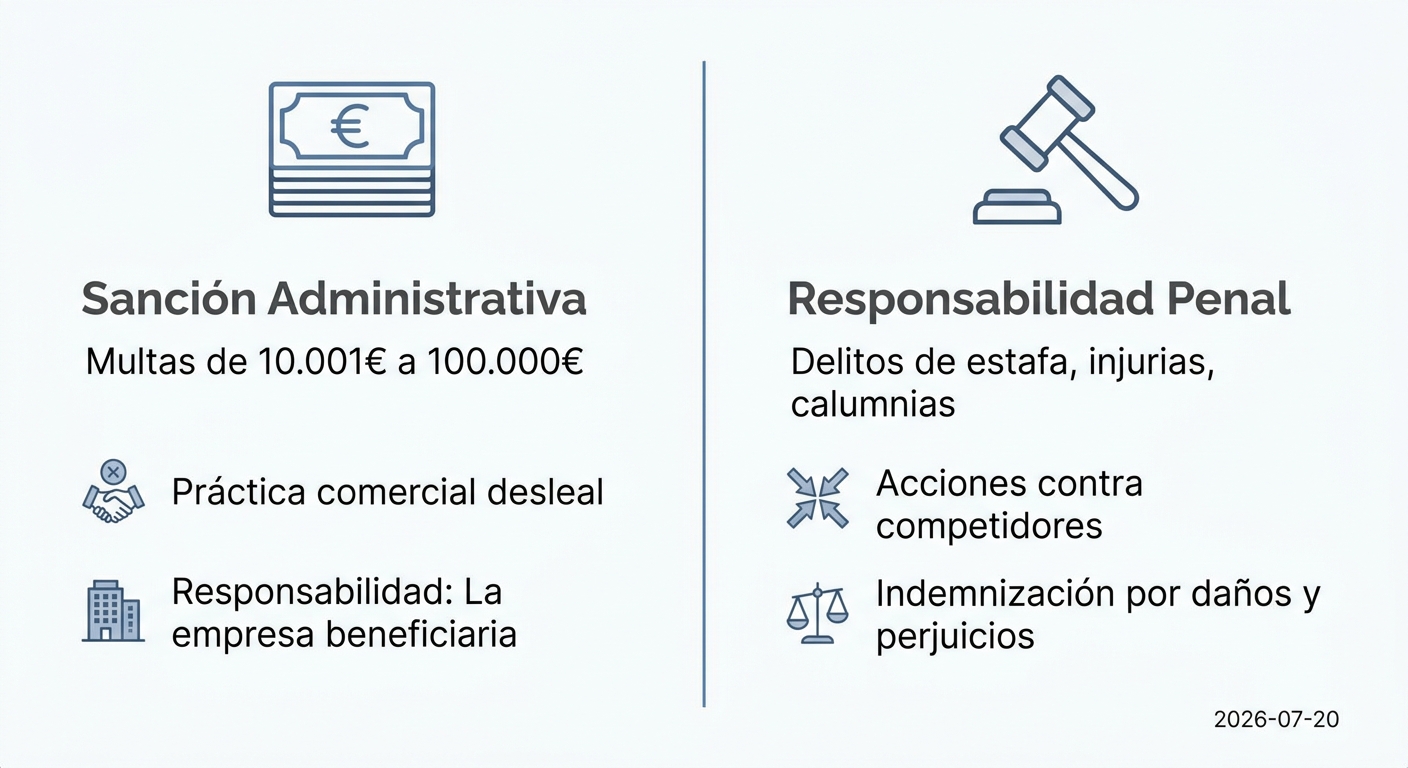 Diferencias entre sanciones administrativas y responsabilidad penal por reseñas falsas.