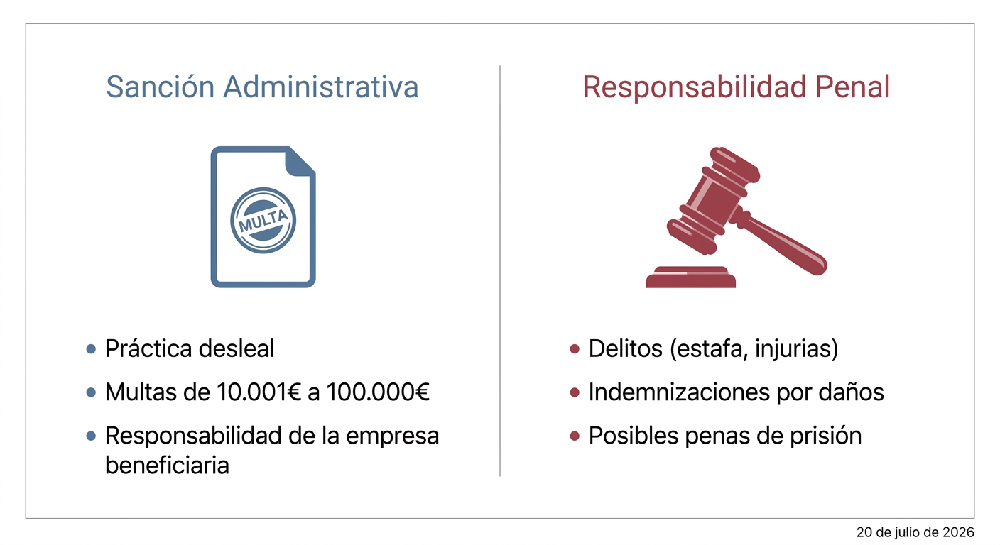 Comparativa entre sanciones administrativas y responsabilidad penal por reseñas falsas.