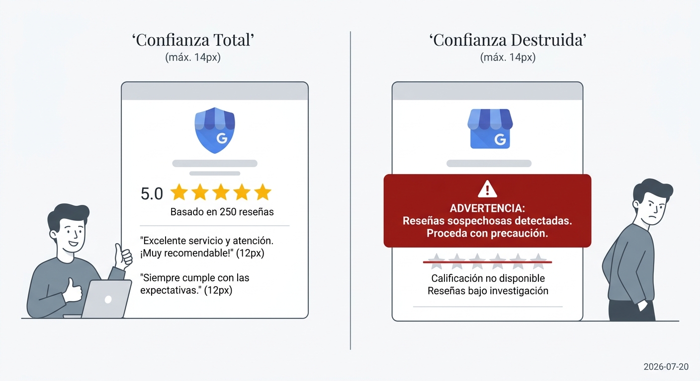 Comparativa de un perfil de Google antes y después de recibir una penalización con 'Warning Banner'.