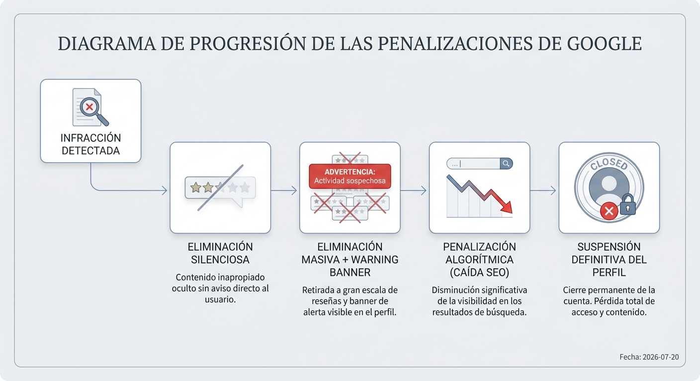 Diagrama de flujo de la escalada de penalizaciones de Google por reseñas falsas.