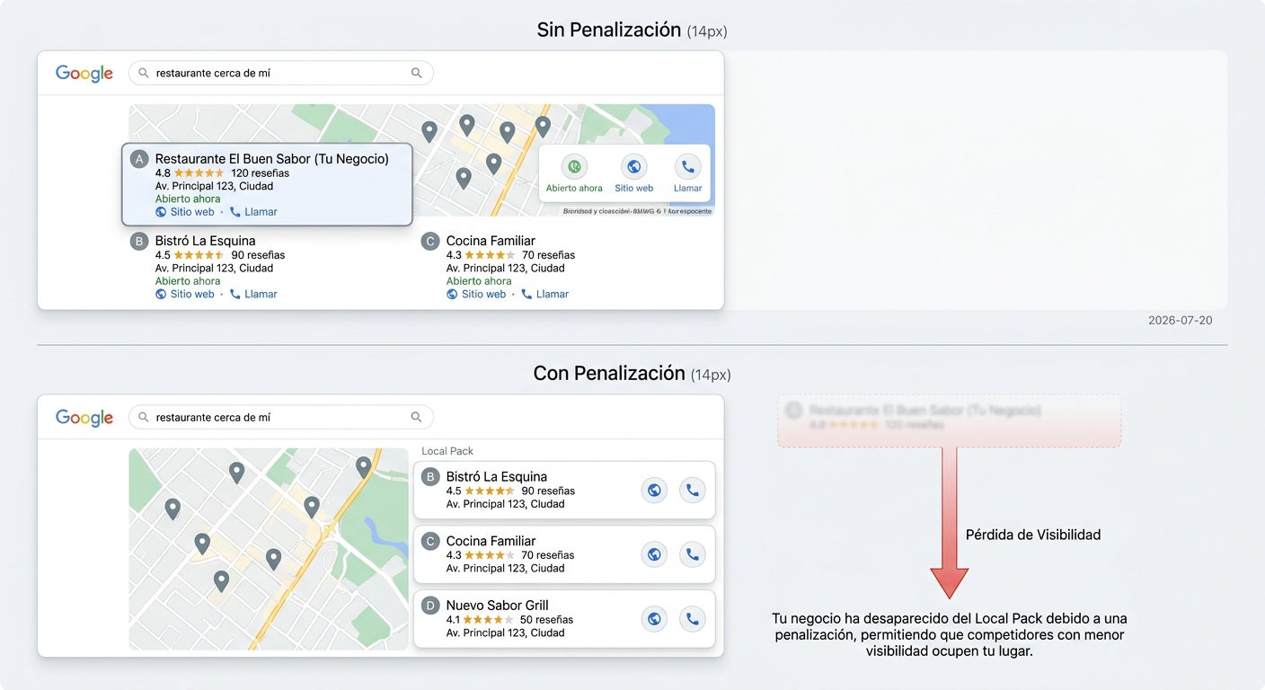 Caída de visibilidad en el Local Pack de Google debido a una penalización.