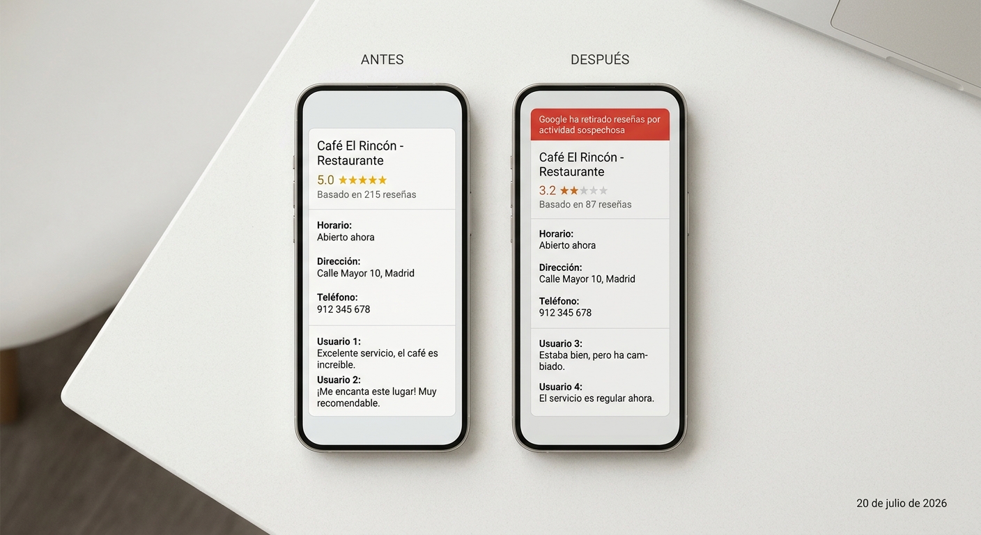 Comparativa de un perfil de Google antes y después de recibir una penalización con 'Warning Banner'.
