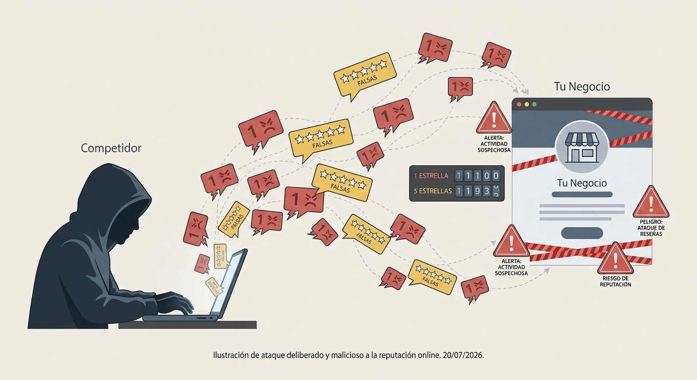 Concepto de 'review bombing': un competidor atacando un perfil de negocio con reseñas falsas.