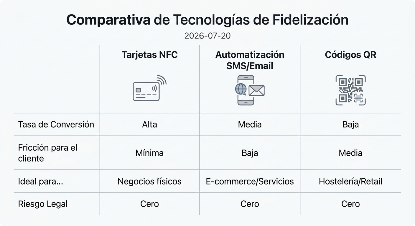 Comparativa de métodos legales para obtener reseñas: NFC, SMS/Email y QR.