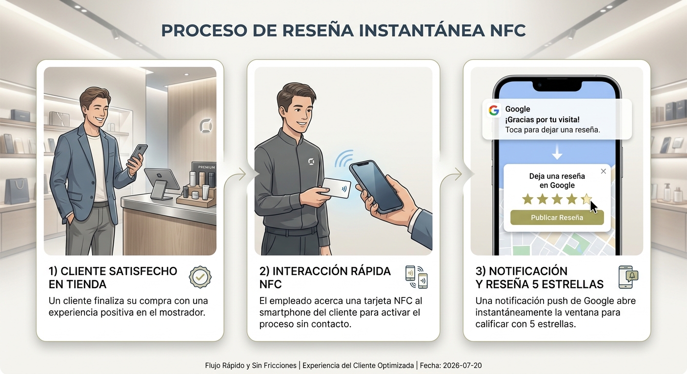 Proceso de uso de una tarjeta NFC para obtener una reseña de Google al instante.