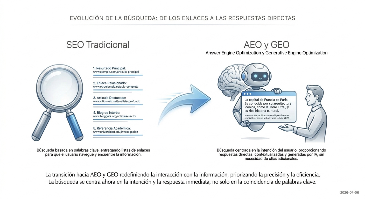 Diagrama que muestra la evolución del SEO tradicional, centrado en enlaces, al AEO y GEO, centrado en respuestas directas de la IA.