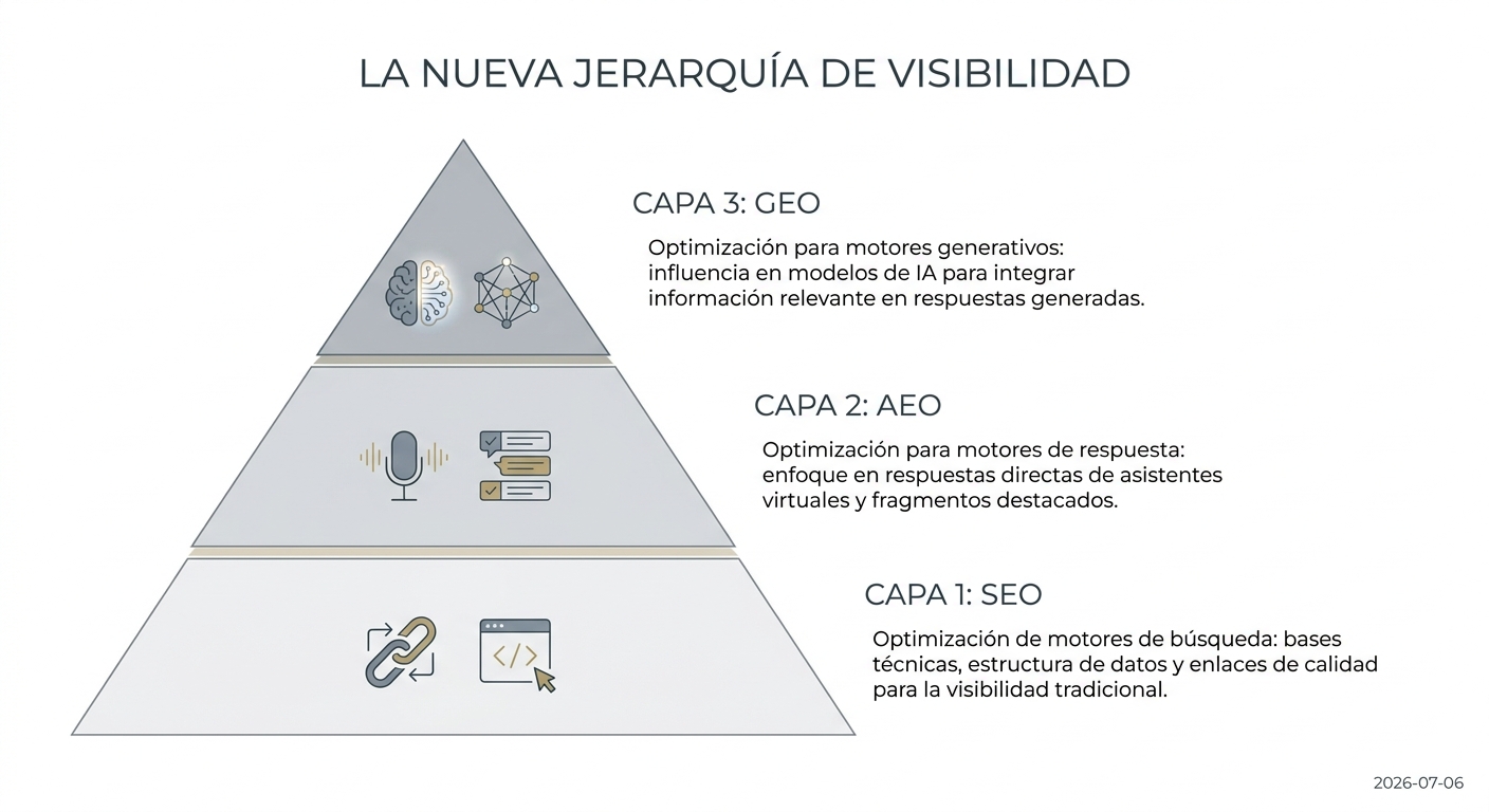 Diagrama de 3 capas que muestra SEO como la base, AEO como la capa intermedia y GEO como la cima de la estrategia de visibilidad digital.