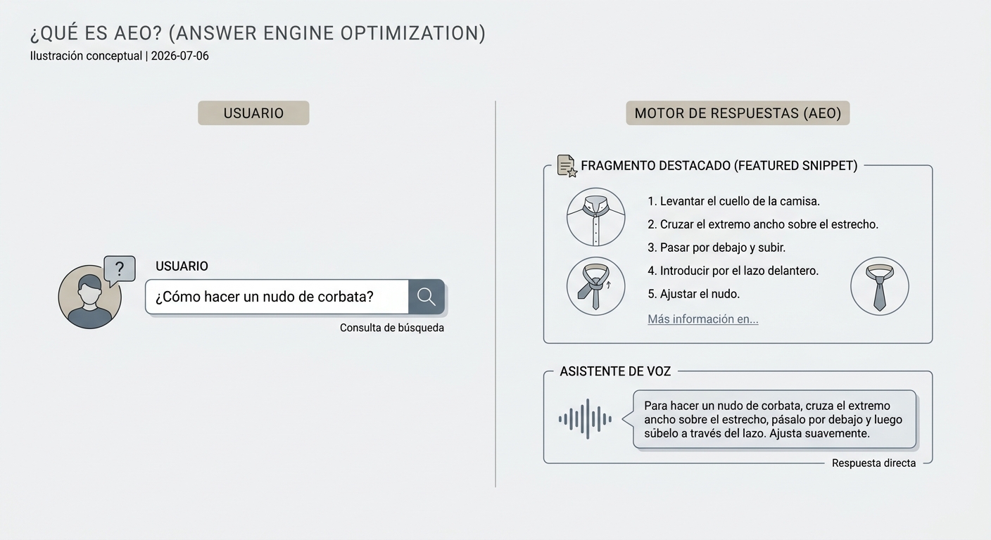 Ilustración de AEO que muestra cómo un motor de búsqueda proporciona una respuesta directa en un 'featured snippet' o a través de un asistente de voz.