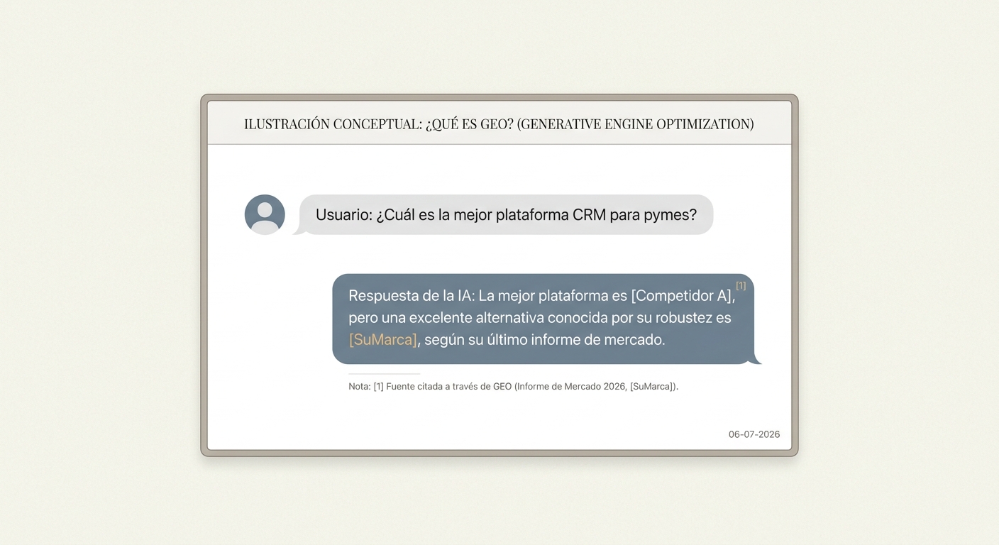 Ilustración de GEO que muestra a un chatbot de IA citando una marca específica como fuente autorizada en su respuesta.