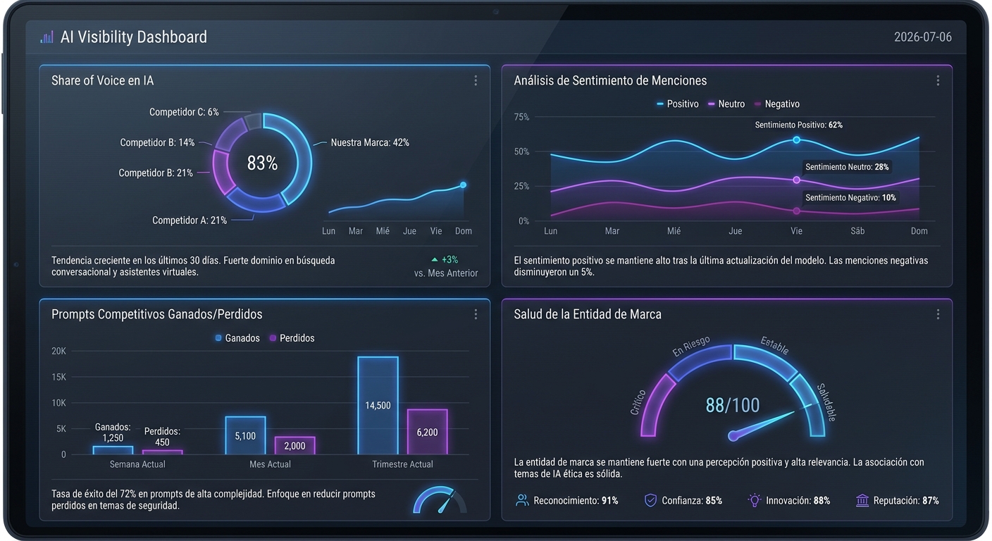 Un panel de control conceptual para monitorizar la visibilidad y reputación de una marca en motores de inteligencia artificial.
