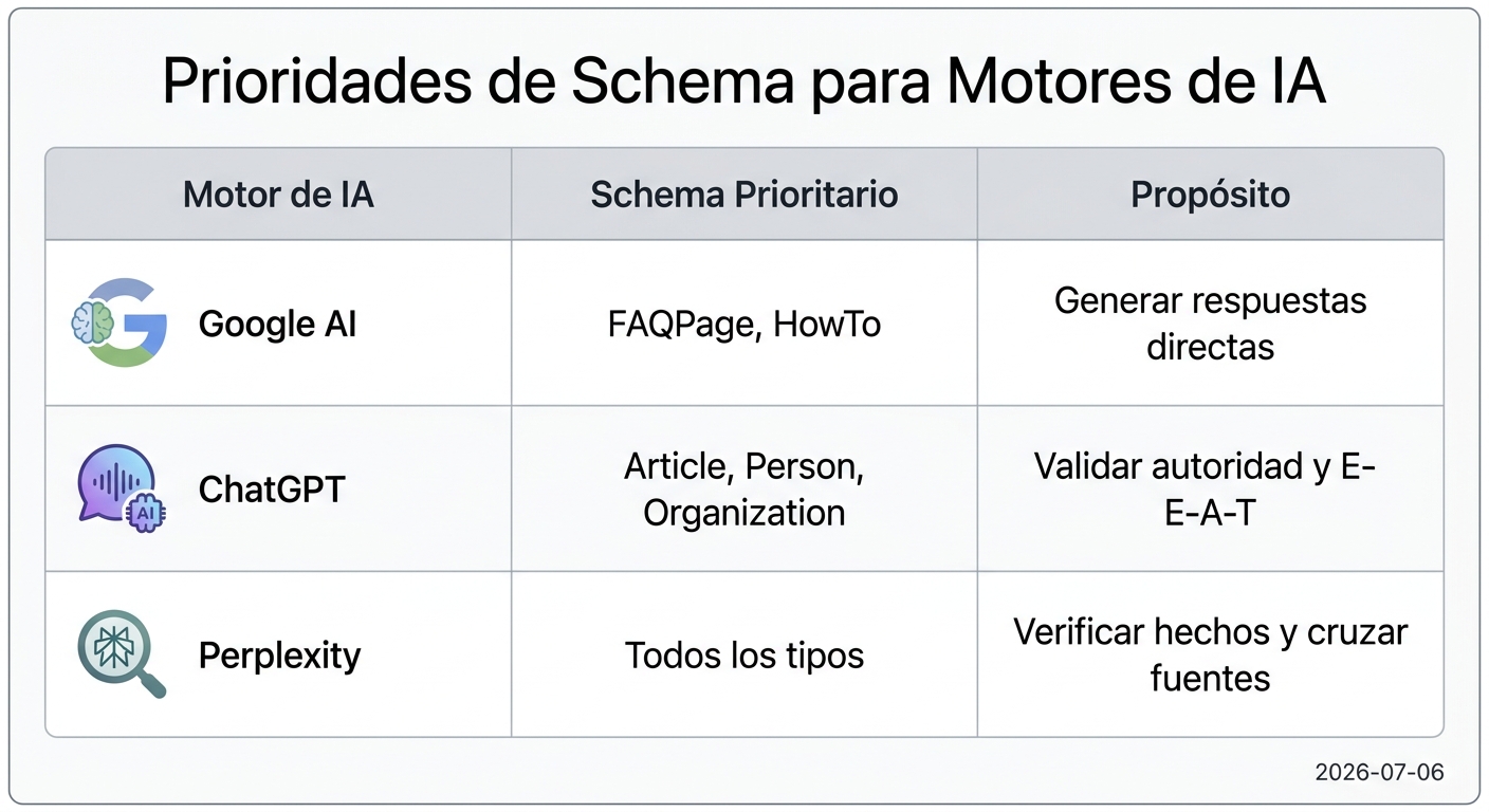 Tabla que compara qué tipos de Schema.org priorizan Google AI, ChatGPT y Perplexity para generar sus respuestas.