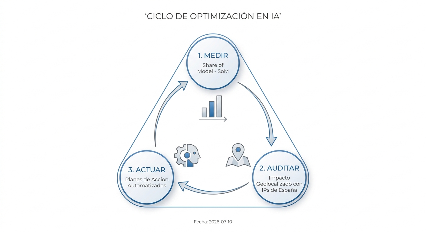 Diagrama del framework de 3 pasos para la visibilidad en IA: Medir SoM, Auditar geolocalización y Actuar con automatización.