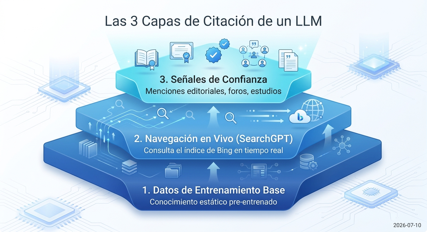 Diagrama de las tres capas de citación de un LLM: Datos de Entrenamiento, Navegación en Vivo y Señales de Confianza.