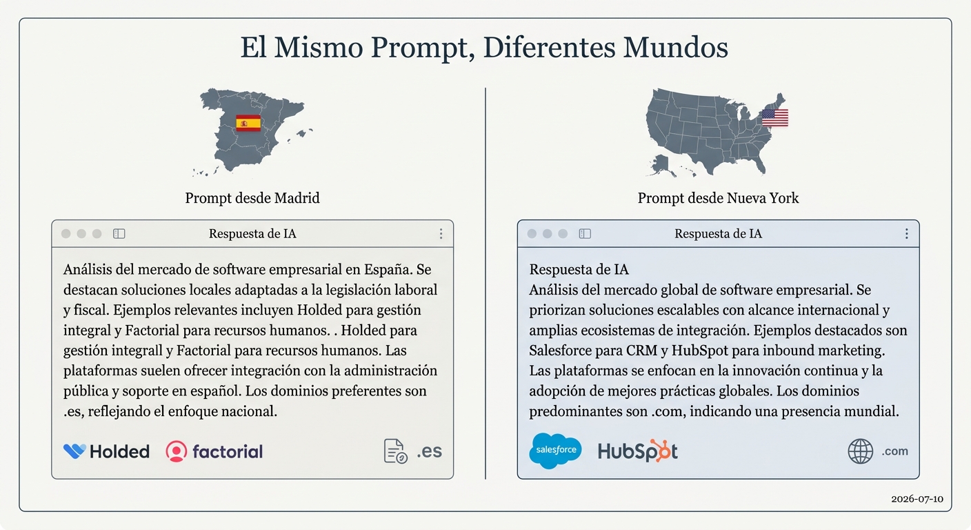 Comparación de respuestas de ChatGPT para el mismo prompt, mostrando resultados locales para una IP de España y resultados globales para una IP de EE.UU.