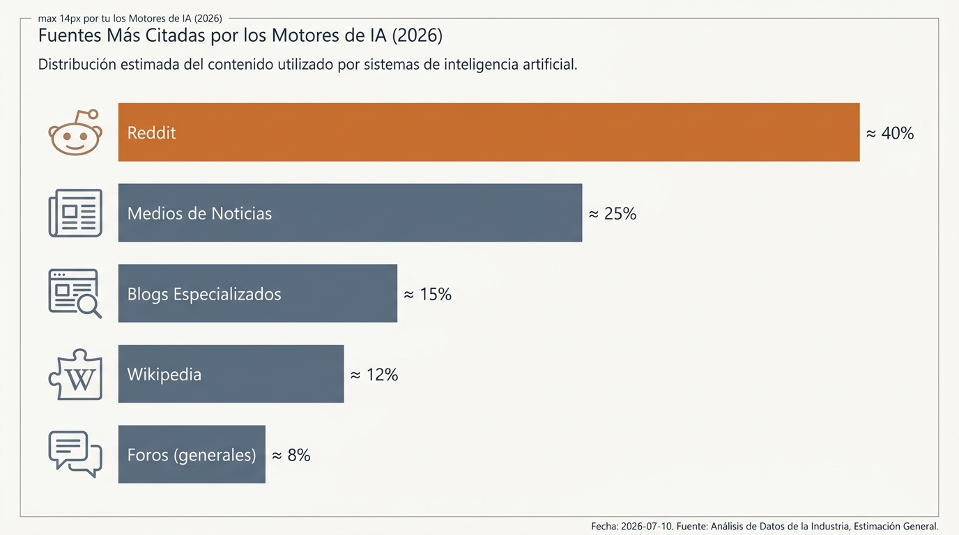 Gráfico mostrando que Reddit es la fuente más citada en respuestas de IA con casi un 40% de frecuencia.