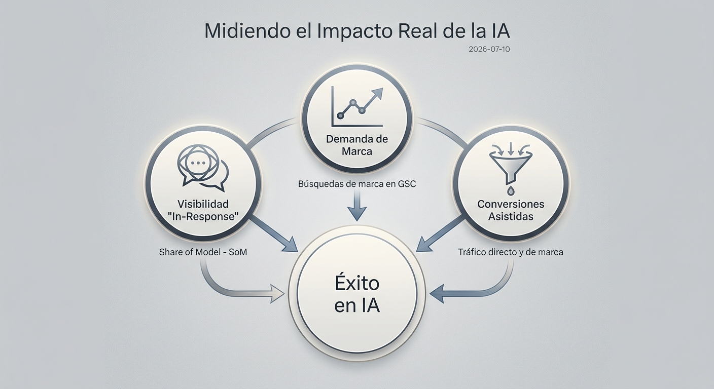 Diagrama de triangulación de datos para medir el éxito en IA: Visibilidad, Demanda de Marca y Conversiones.