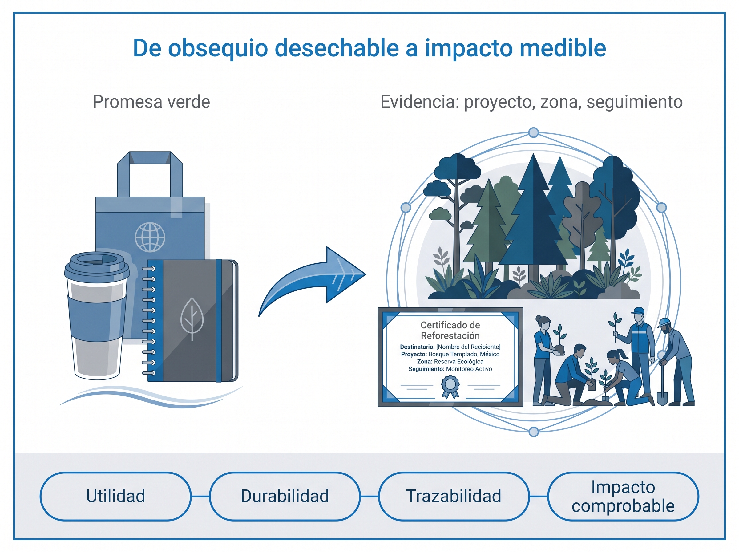 Infografía que contrasta un regalo corporativo genérico con un árbol trazable, un certificado digital y restauración comunitaria.