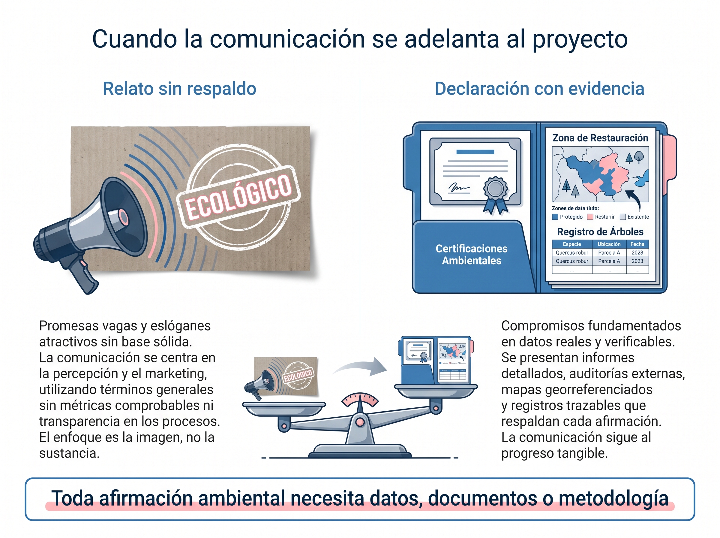 Comparación visual entre un relato ecológico sin respaldo y una declaración de sostenibilidad con evidencias documentadas.