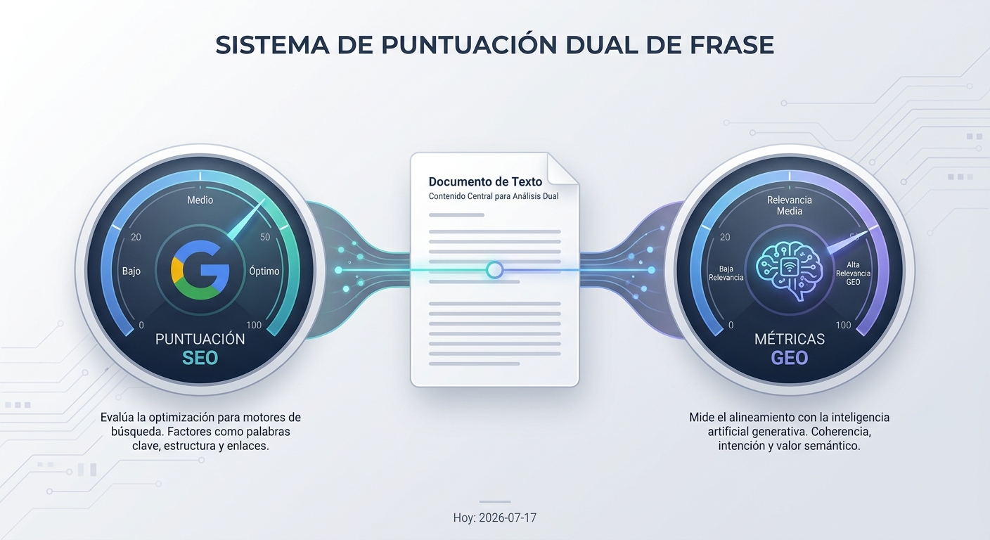 Ilustración del sistema de doble puntuación de Frase para SEO tradicional y optimización para motores generativos (GEO).